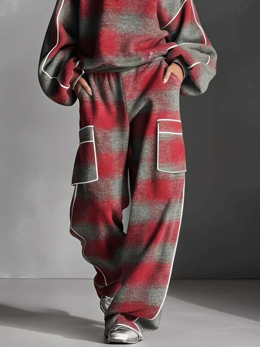 Sweat-shirt et Pantalon Décontracté à Motif Carreaux Rouge et Gris - Ensemble Deux Pièces