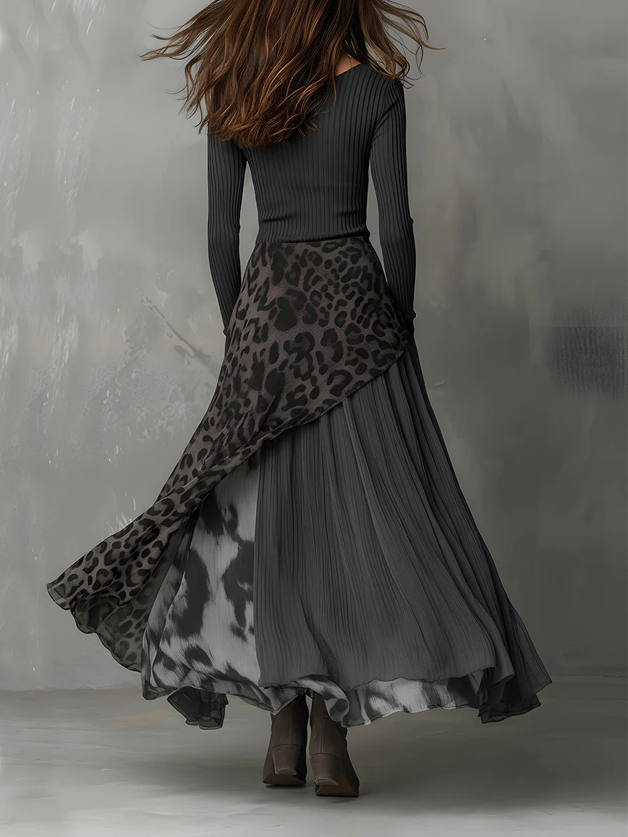 Gray Pit Stripe Leopard Print Splicing Asymmetrical Hem Maxi Dress