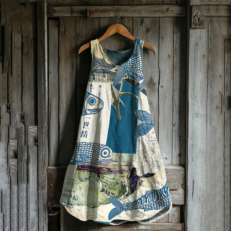 Robe Débardeur en Lin Patchwork de Poissons Japonais Vintage