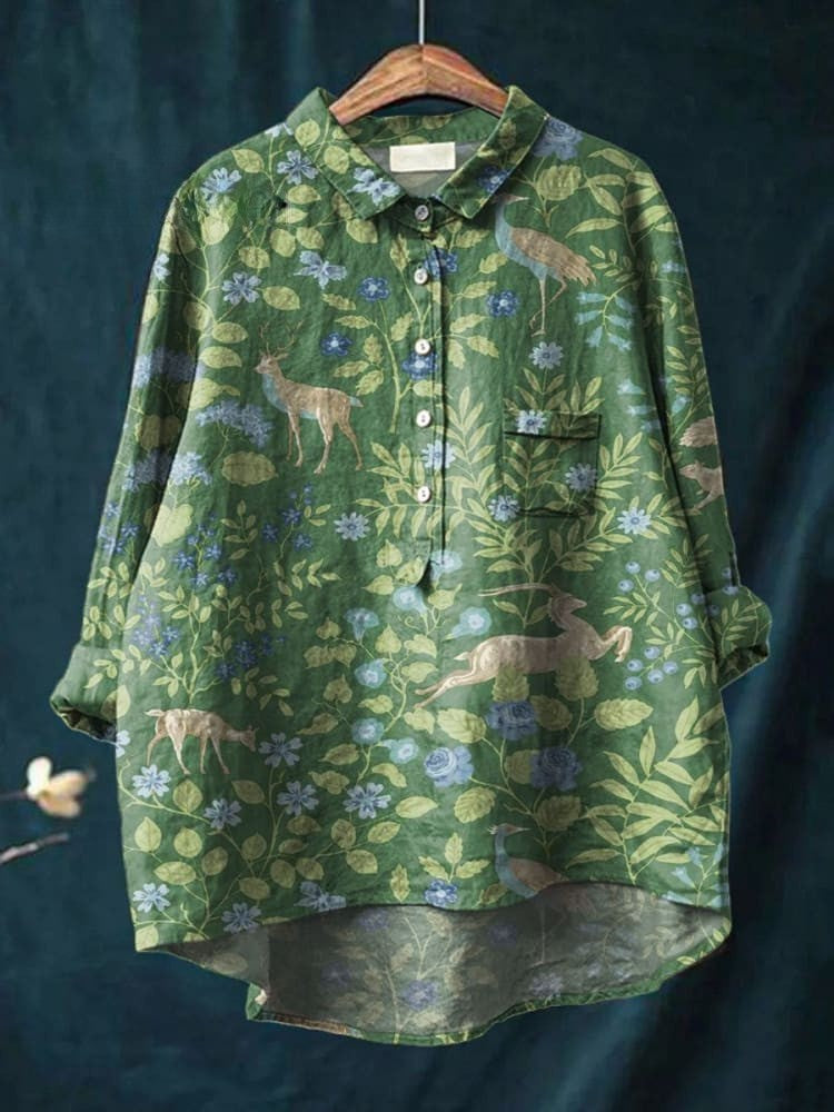 Chemise décontractée en lin avec imprimé floral vintage pour femmes
