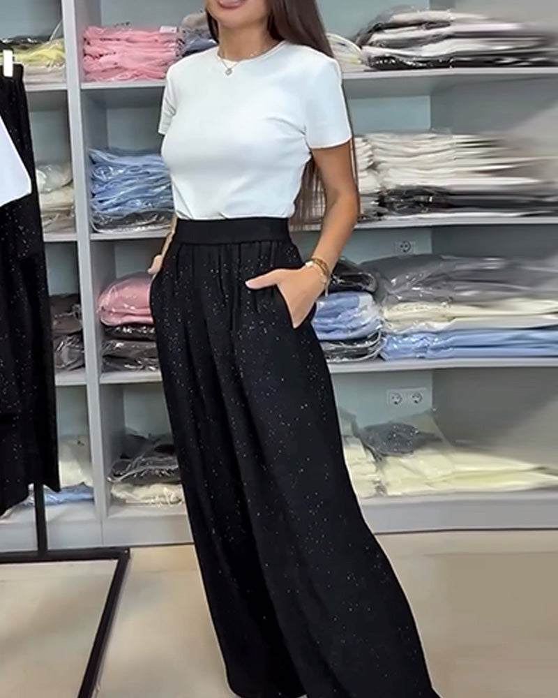 Pantalon large brillant taille haute élégant