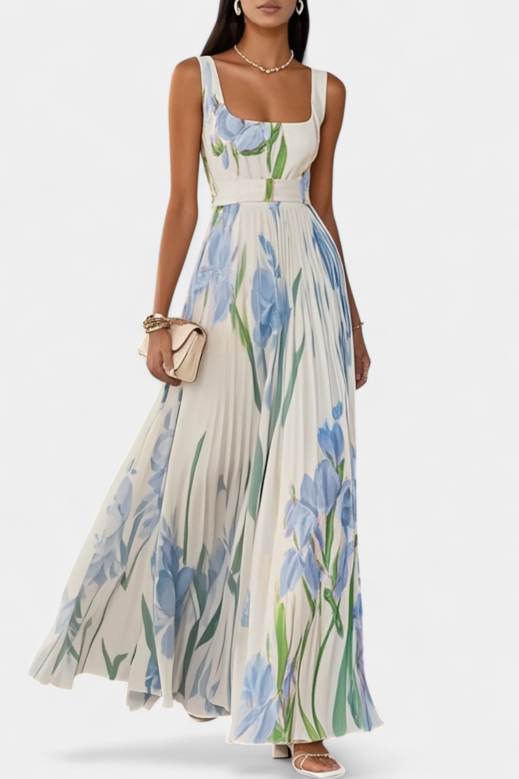 Robe Calanthe Longue Plissée avec Imprimé Floral et Encolure Carrée