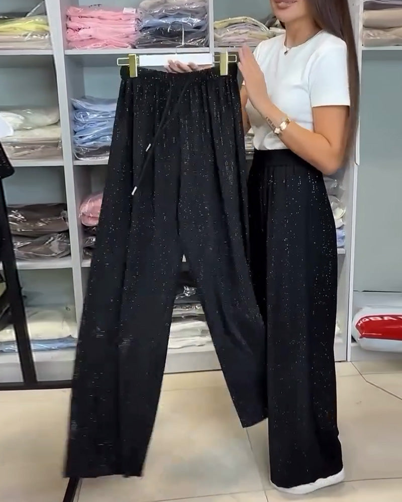 Pantalon large brillant taille haute élégant