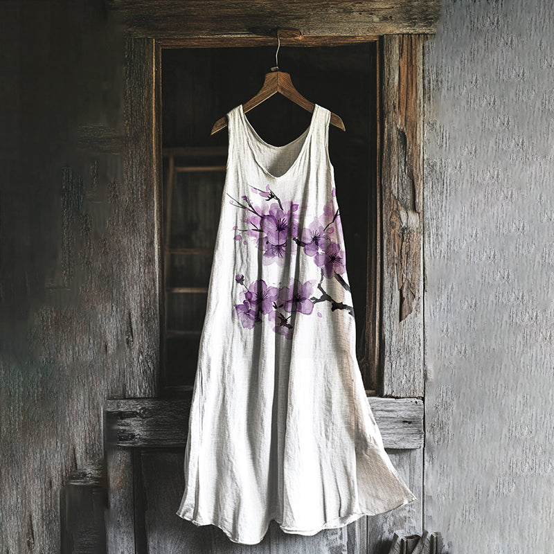 Robe Midi Décontractée avec Motif Art de Fleur de Prunier Vintage