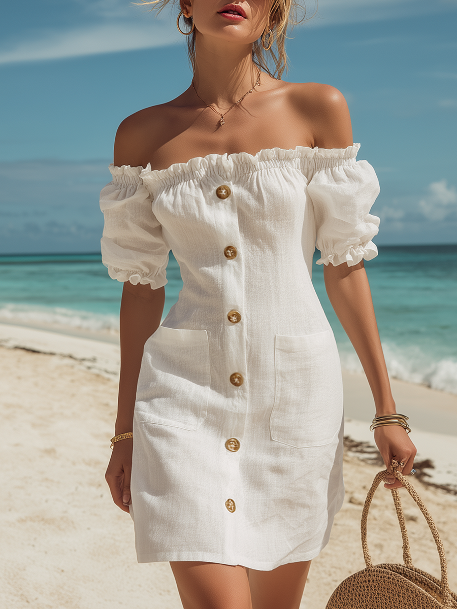 Vestido mini blanco de algodón-lino con volantes y mangas cortas, sin hombros, romántico de playa