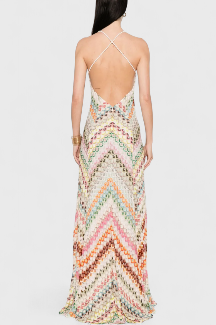 Robe Longue Agustina en Dentelle avec Décolleté en V et Motif Zigzag