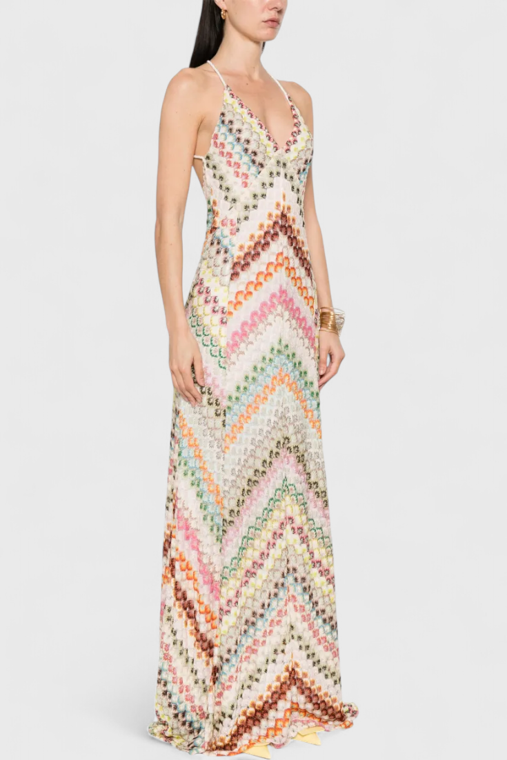 Robe Longue Agustina en Dentelle avec Décolleté en V et Motif Zigzag