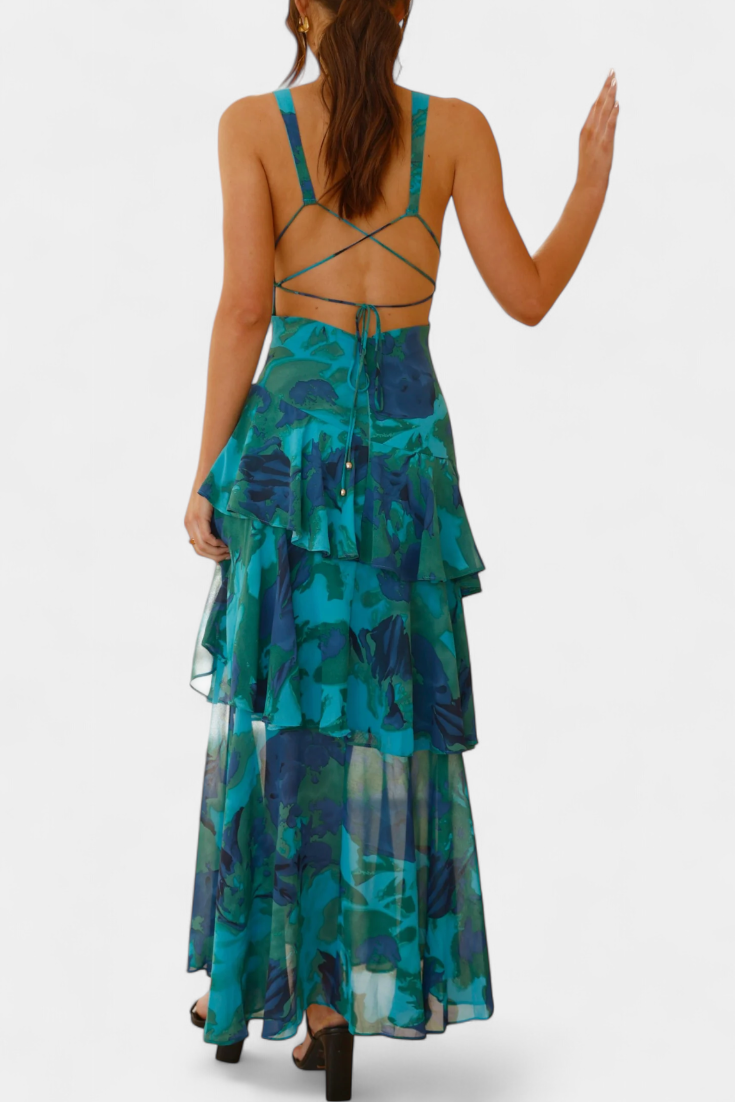 Robe Domenica en Chiffon avec Décolleté en V et Couches Fluides