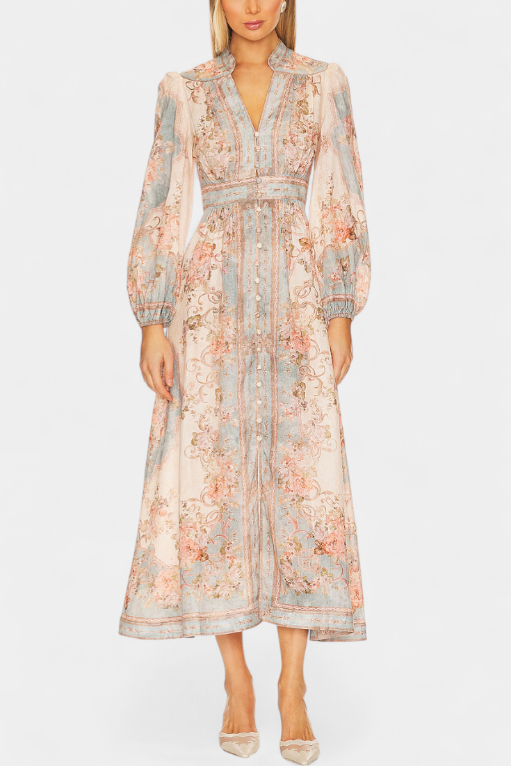Robe Maxi Évasée Dorotila avec Imprimé Floral, Boutons et Manches Ballon