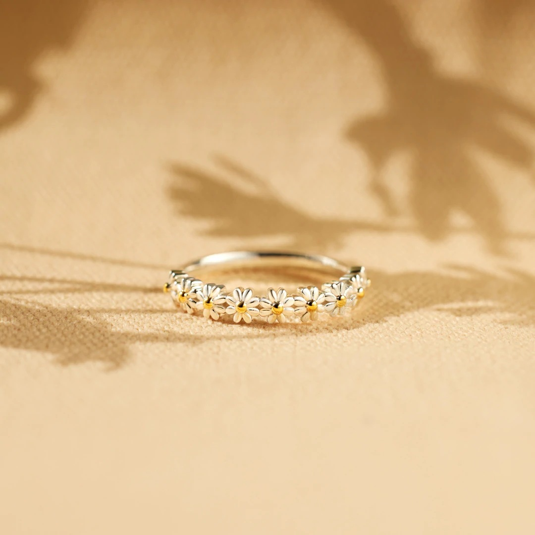Bague Marguerite en Argent Ajustable et Émaillée à la Main