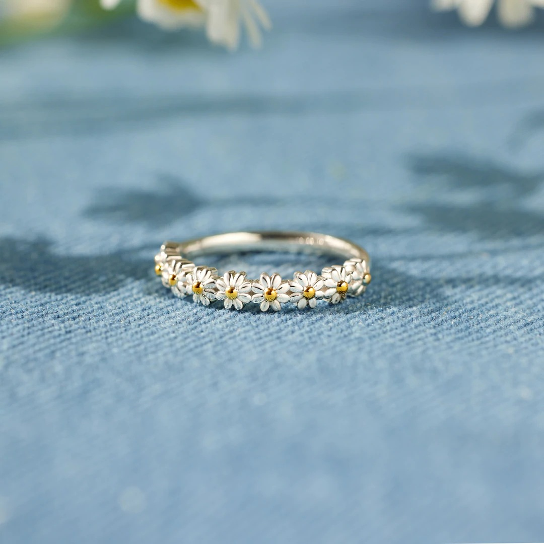 Bague Marguerite en Argent Ajustable et Émaillée à la Main