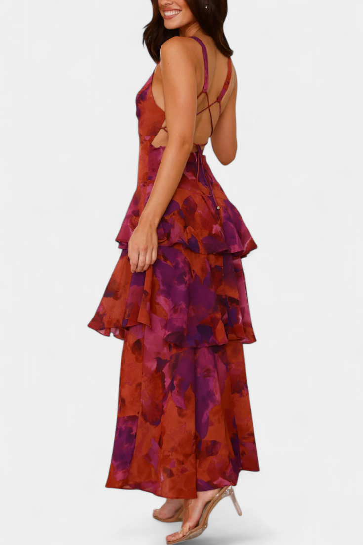 Robe Domenica en Chiffon avec Décolleté en V et Couches Fluides