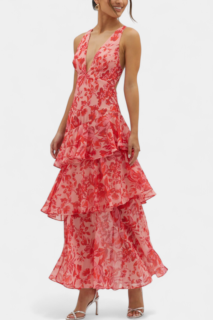 Robe Domenica en Chiffon avec Décolleté en V et Couches Fluides