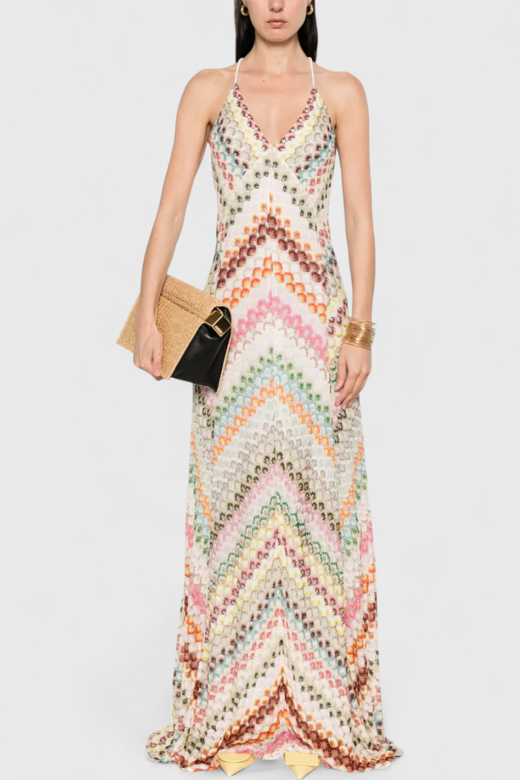 Robe Longue Agustina en Dentelle avec Décolleté en V et Motif Zigzag