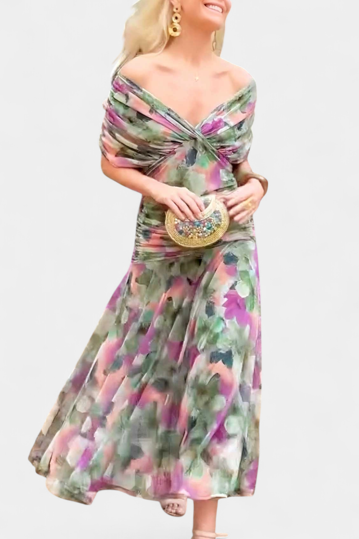 Long Alondra Dress with Floral Print and V-Neck