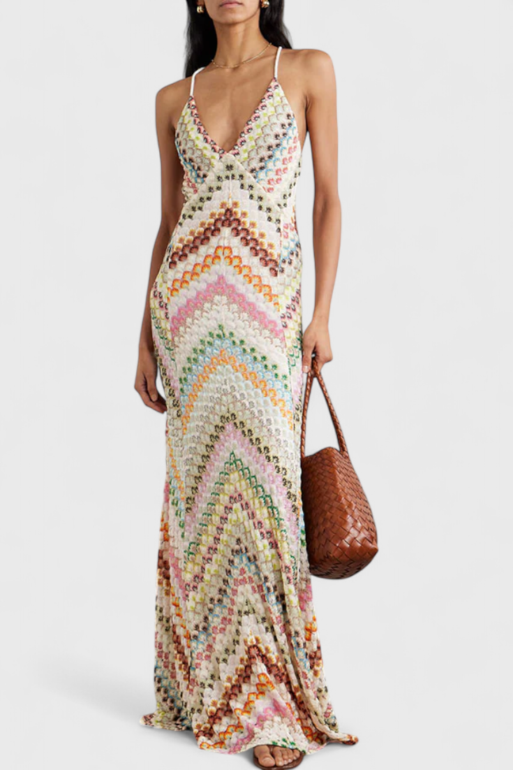 Robe Longue Agustina en Dentelle avec Décolleté en V et Motif Zigzag