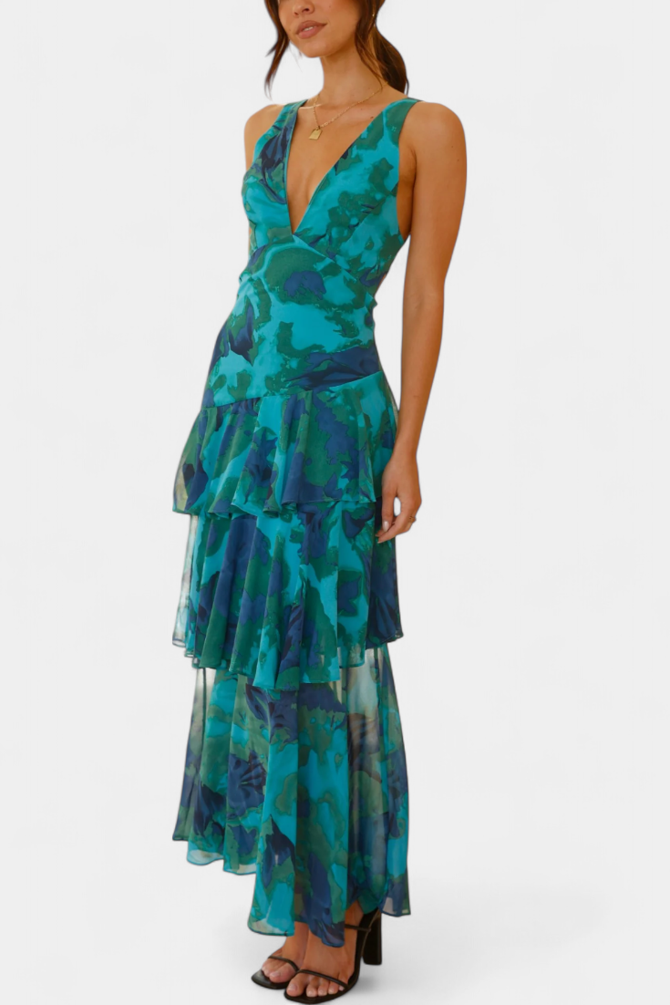 Robe Domenica en Chiffon avec Décolleté en V et Couches Fluides