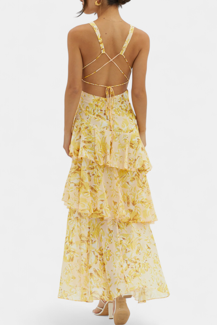 Robe Domenica en Chiffon avec Décolleté en V et Couches Fluides