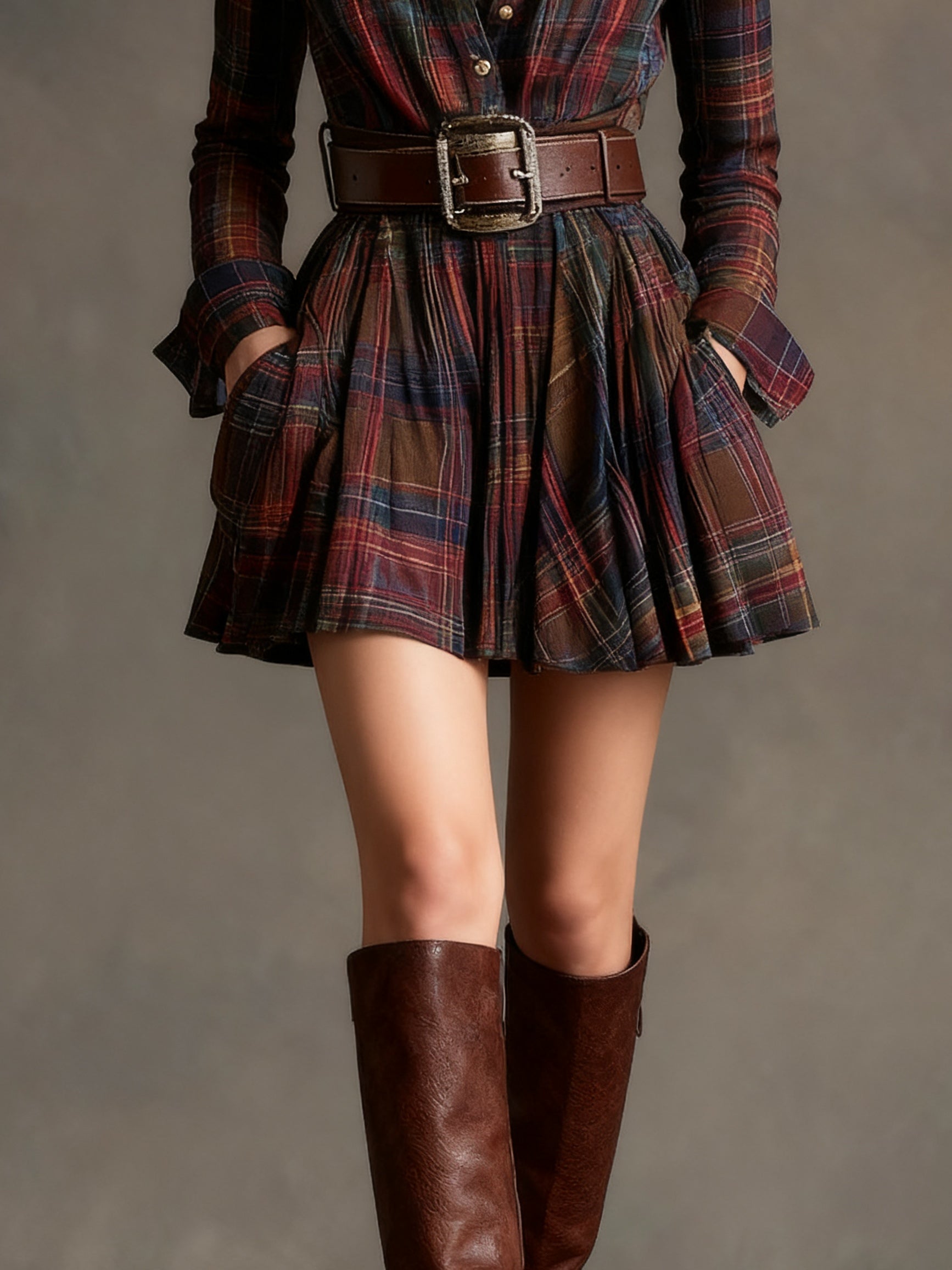 Robe mini vintage à carreaux rouges et bruns (comprend une ceinture)