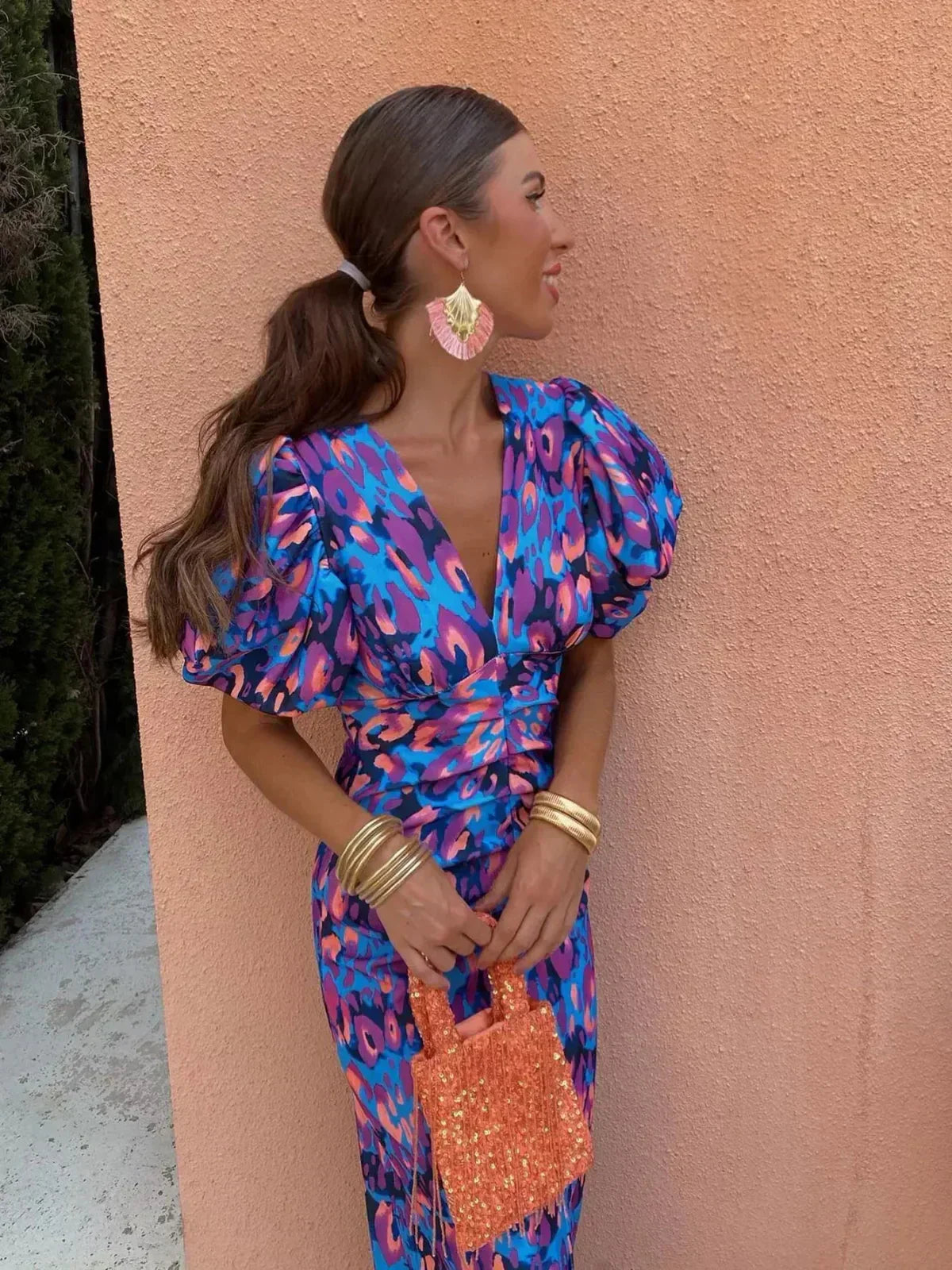 Arielle™ | Robe Midi Colorée pour Femmes avec Manches Plissées
