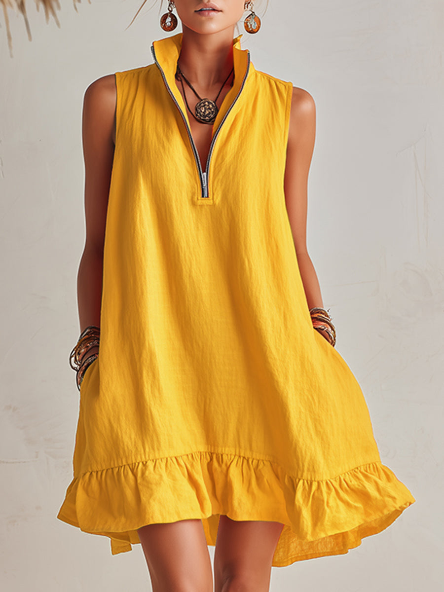 Robe mini à mi-zip avec col montant et ourlet à volants en coton et lin orange vibrant