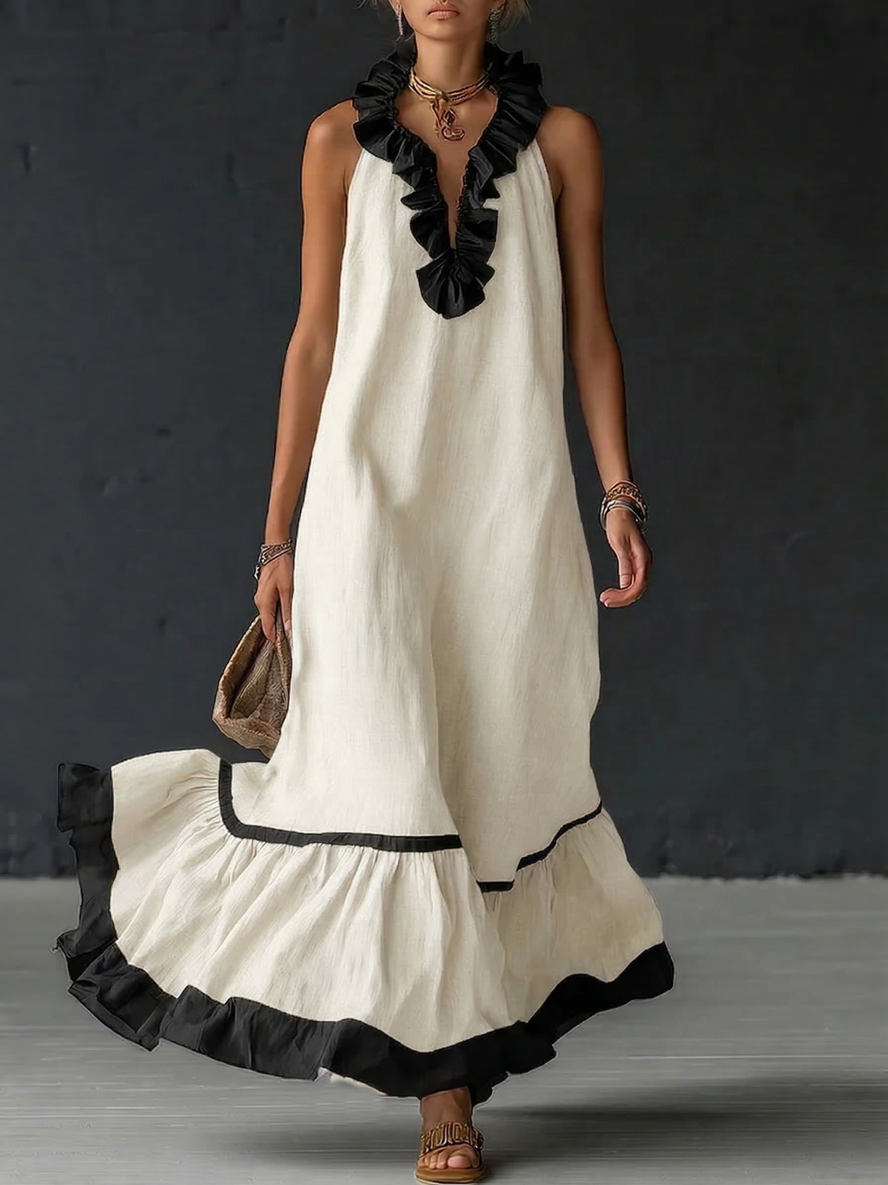 Robe Maxi Élégante et Romantique à Volants en Coloris Bloqués