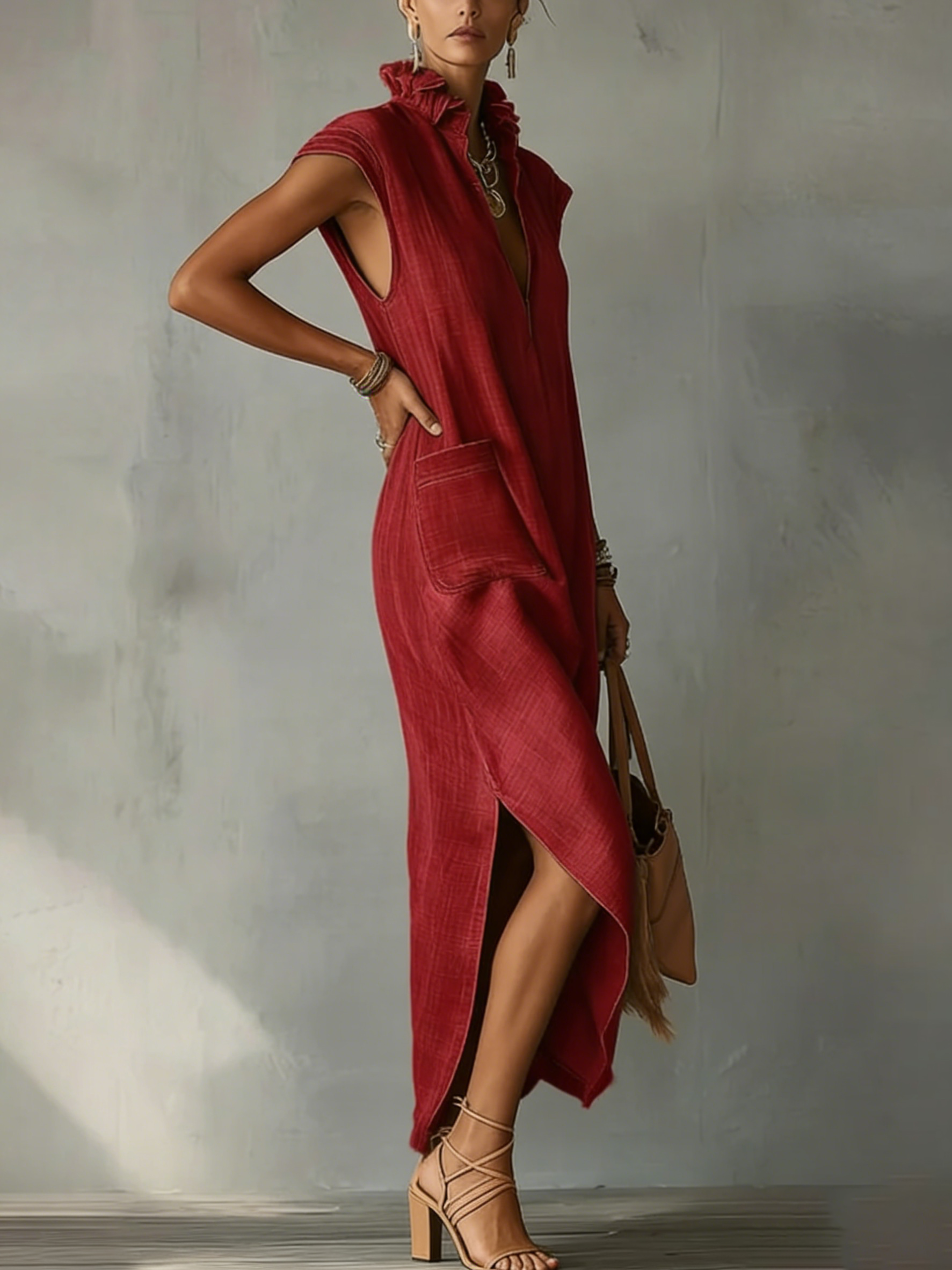 Robe Midi en Coton Lin avec Col Volant pour Femmes – Robe d'Été Élégante