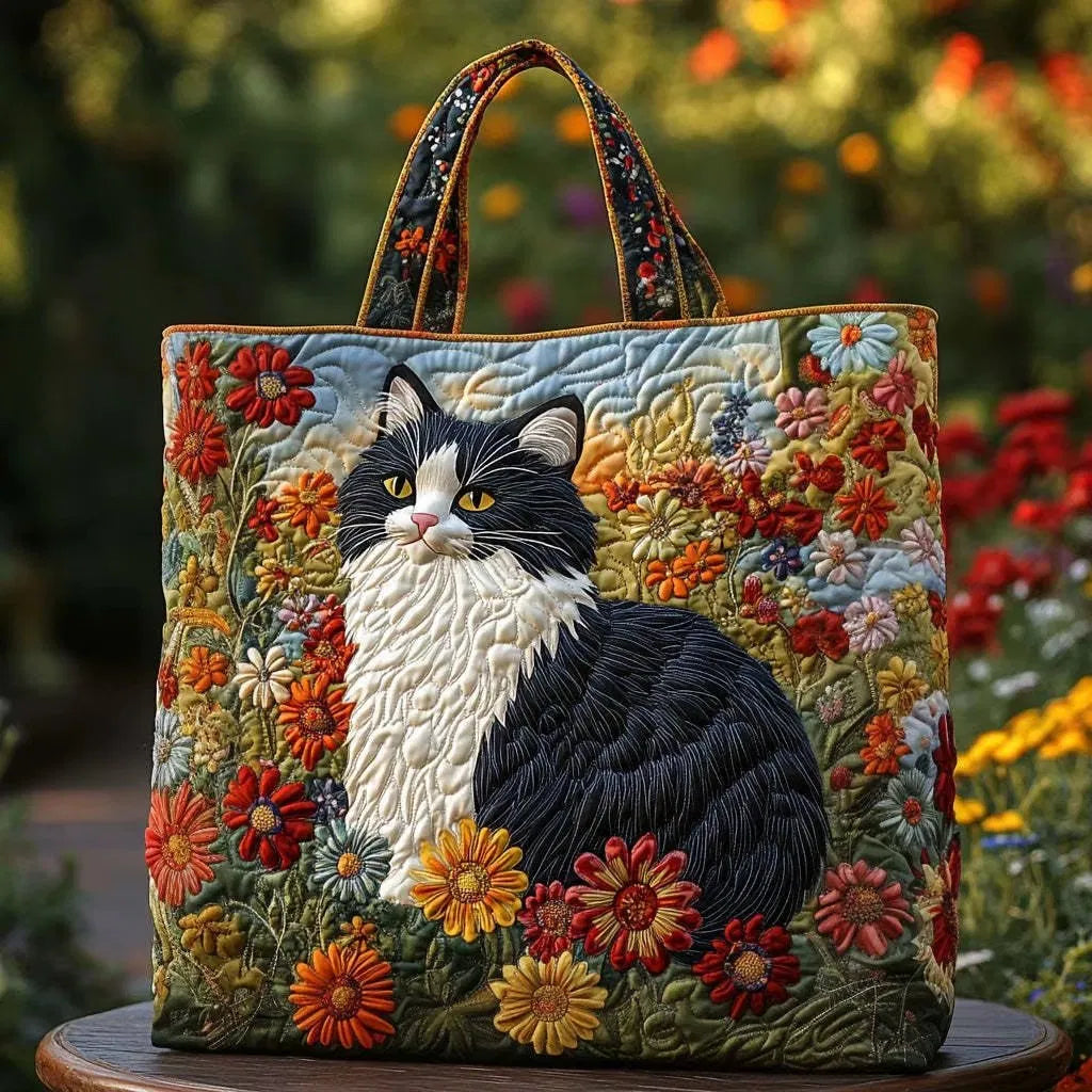 Sac Artisanal Matelassé - Chat Bicolore au Jardin