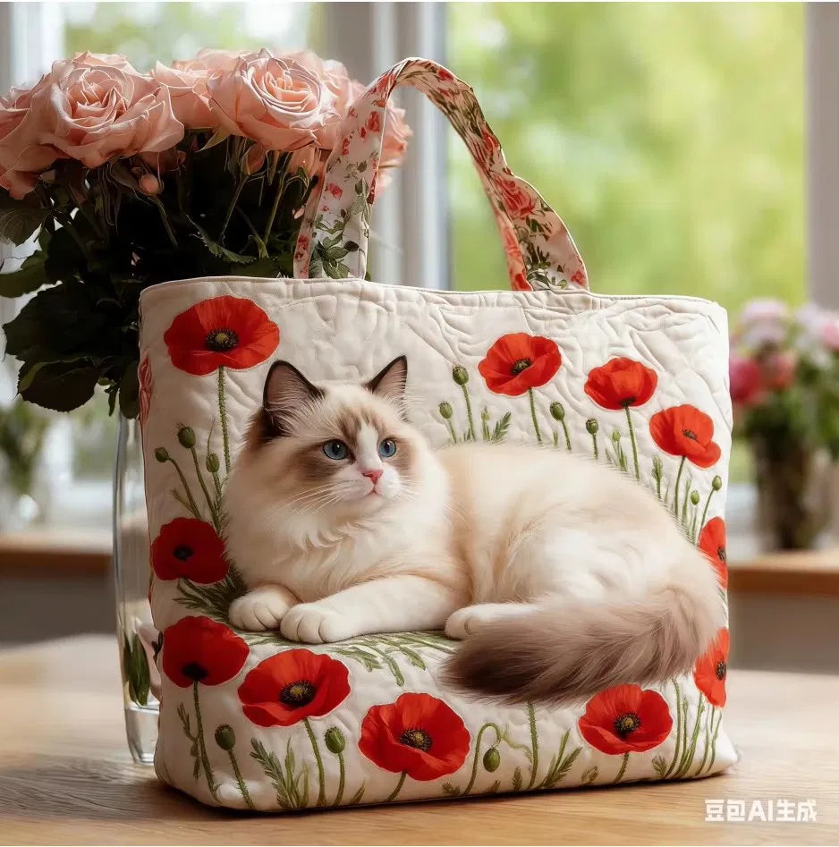 Sac Artisanal Matelassé - Chat Ragdoll aux Coquelicots