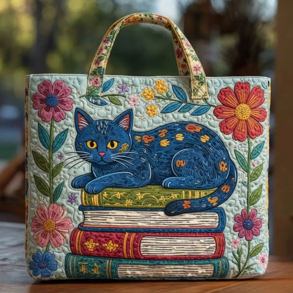 Sac Artisanal Matelassé - Chat Bleu sur Livres