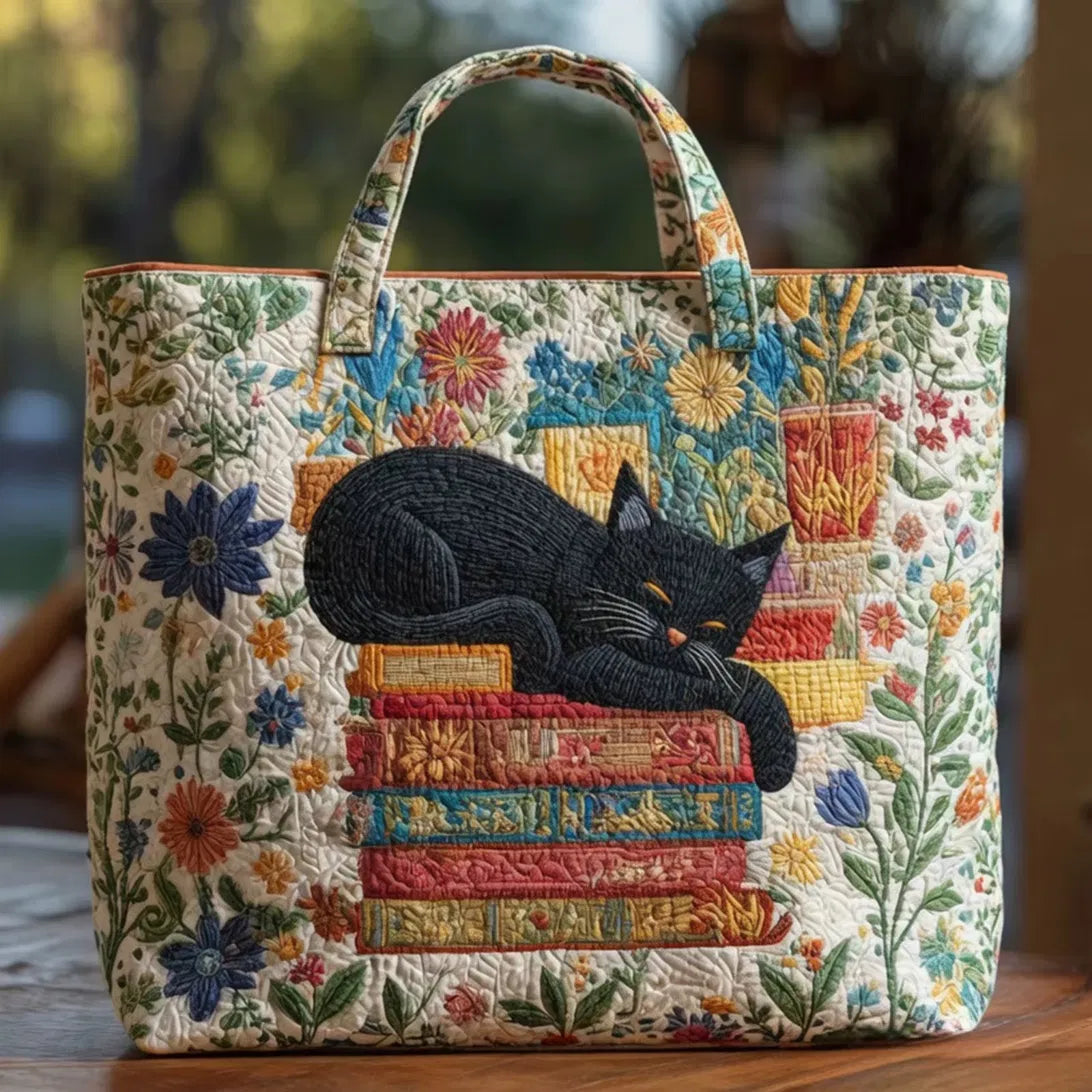 Sac Artisanal Matelassé - Chat Noir Fleuri