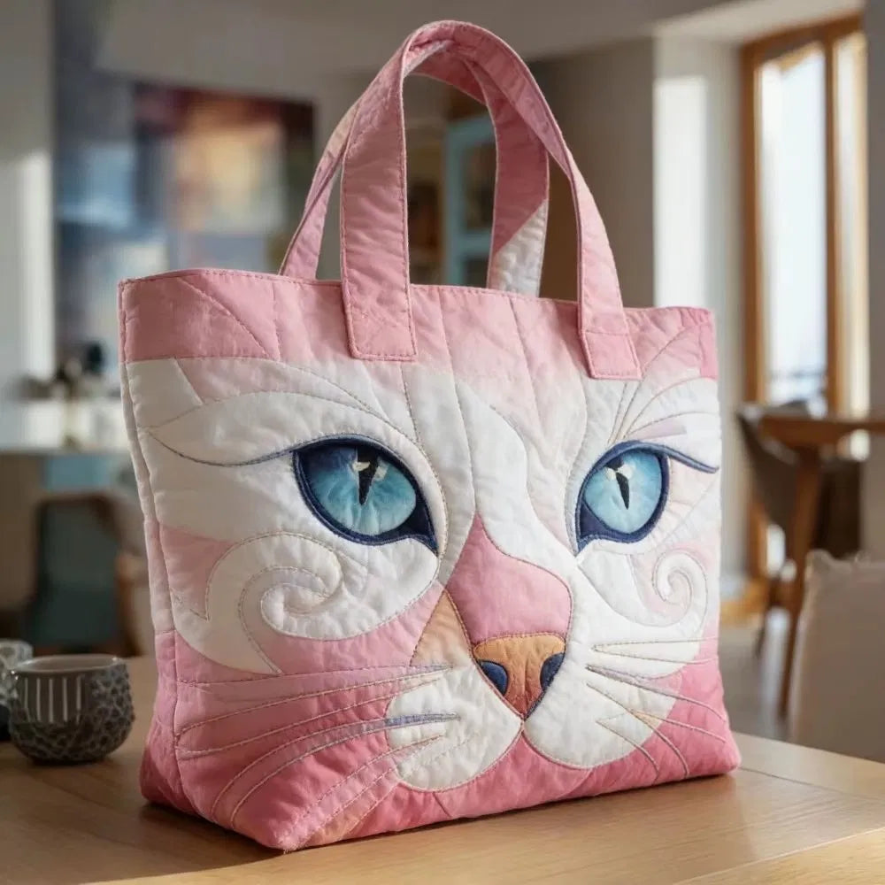 Sac Artisanal Matelassé - Chat Rose aux Yeux Bleus