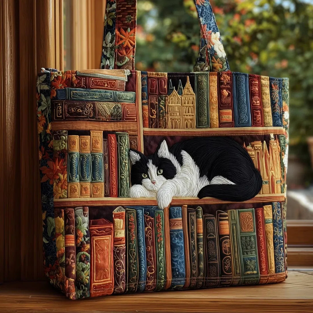 Sac Artisanal Matelassé - Chat et Bibliothèque