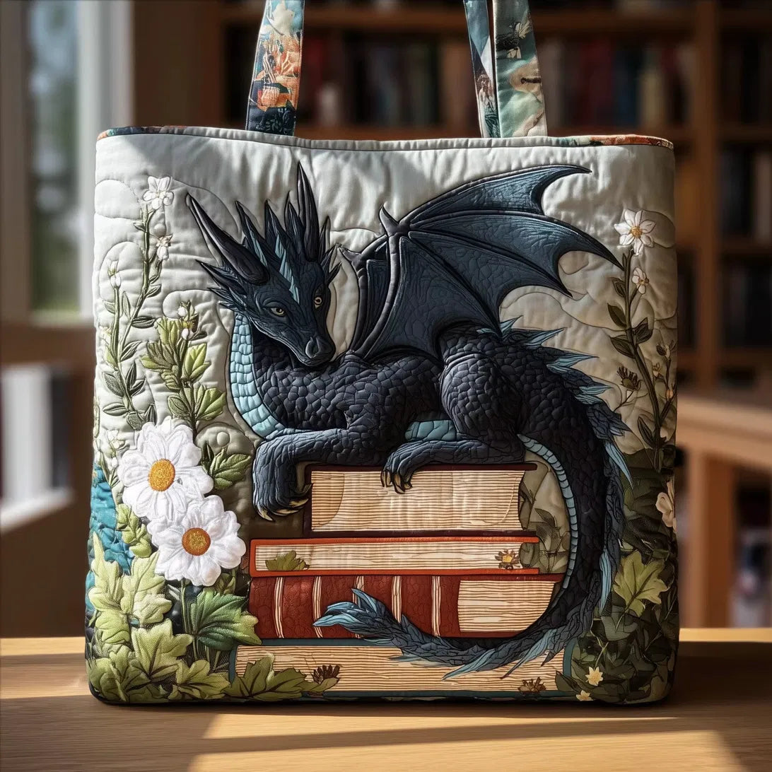 Sac Artisanal Matelassé - Dragon Noir et Livres