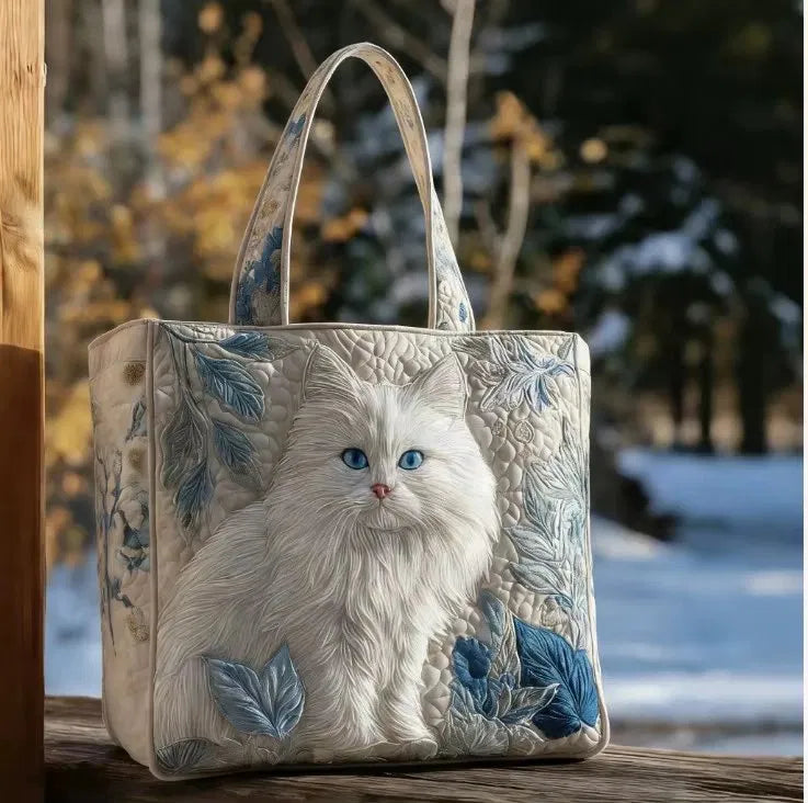 Sac Artisanal Matelassé - Chat Blanc aux Feuilles Bleues